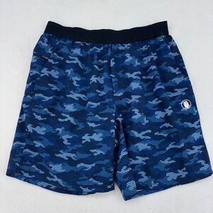 Bear Komplex Mens Blue Camo Training Shorts Size M Perforated 4-Way Stretch Gym
